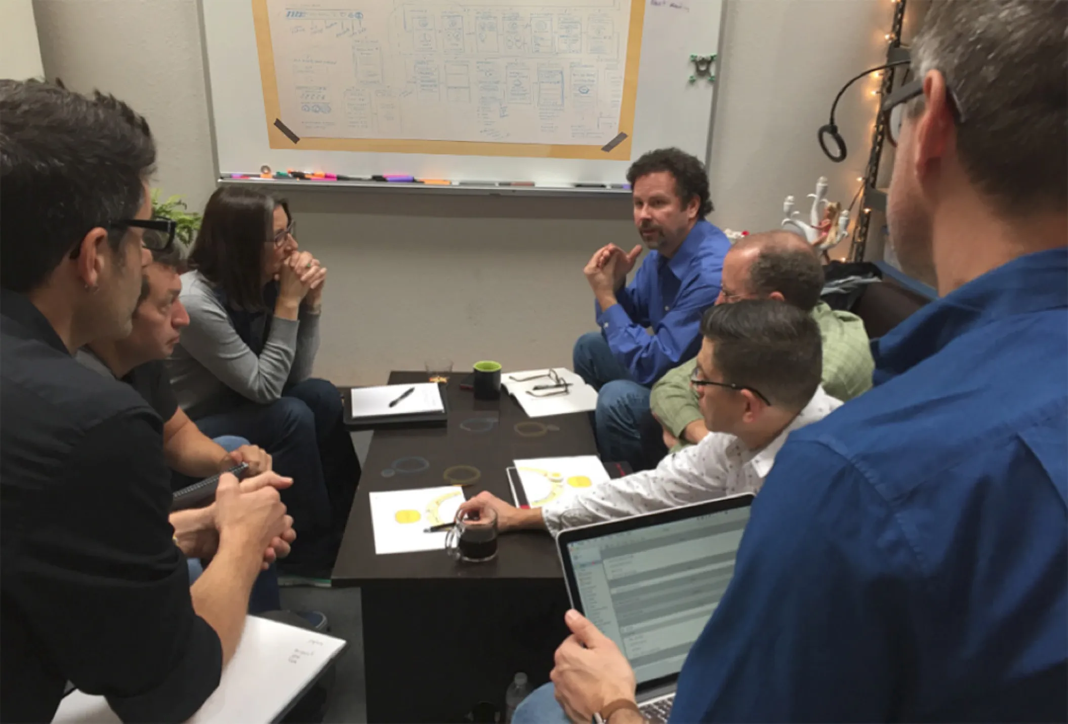 Image of product team meeting to discuss the mechanical design for an early prototype of Scollar's smart pet collar.